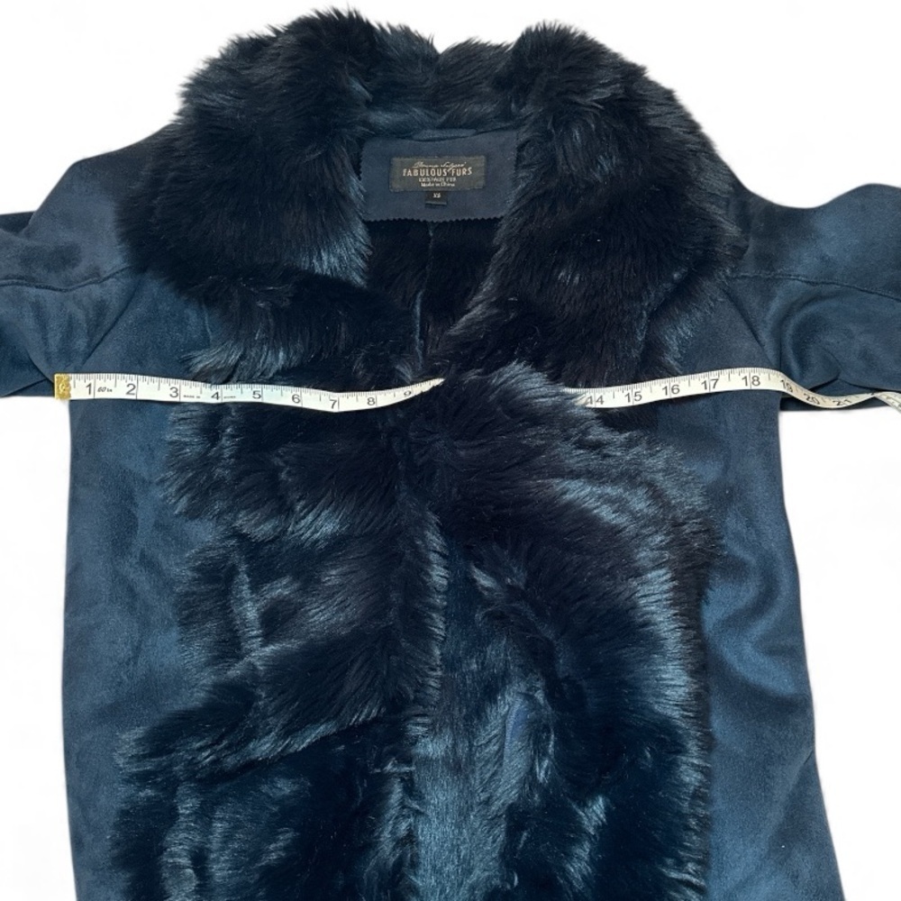 Donna Salyers Fabulous Furs Navy Cascading Faux Fur Coat Jacket XS Luxe Winter - Picture 12 of 16